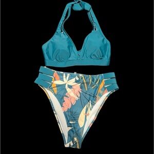 💙💚EUC- TEAL FLORAL HIGH WAISTED FLORAL BIKINI SZ L💙💚